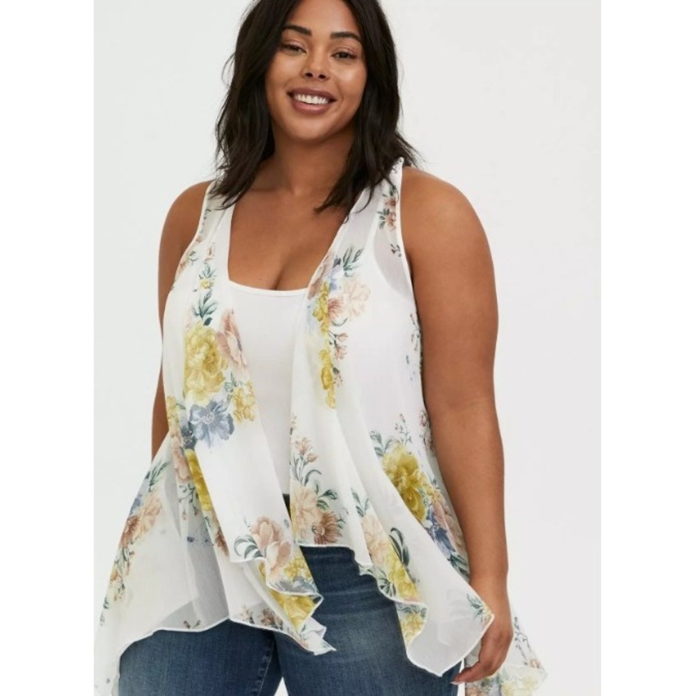 Torrid Floral Lace Back Chiffon Vest White Yellow Draped Open Front 00/0 M/L NEW
